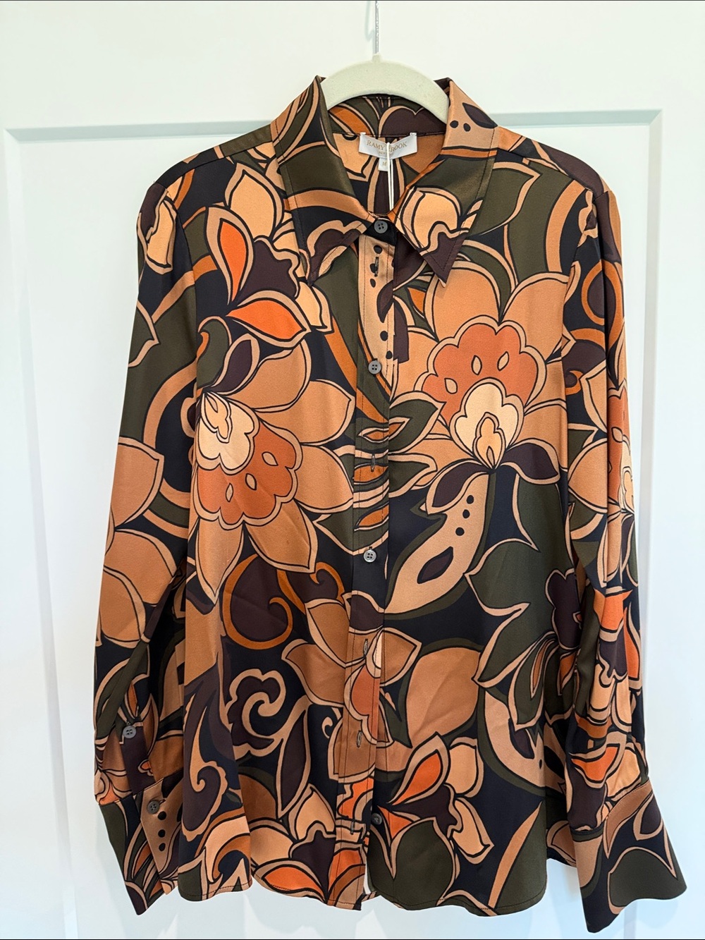 Floral Retro Button-Up Blouse in Olive & Rust